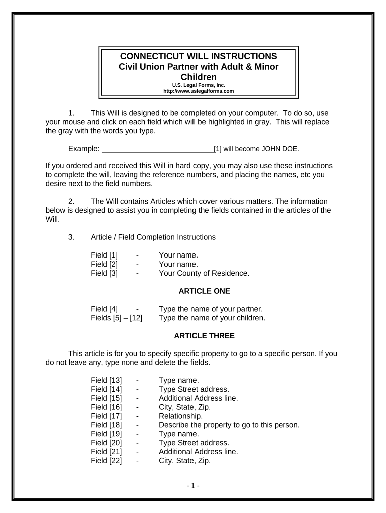 Legal Last Will and Testament Form for Civil Union Partner with Adult and Minor Children Connecticut