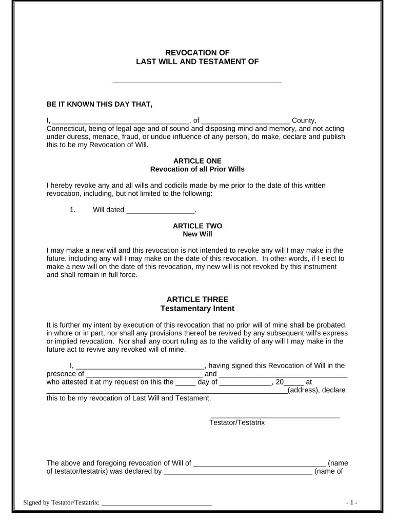 Written Revocation of Will Connecticut  Form