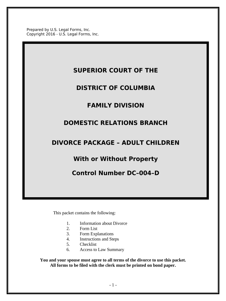 No Fault Uncontested Agreed Divorce Package for Dissolution of Marriage with Adult Children and with or Without Property and Deb  Form