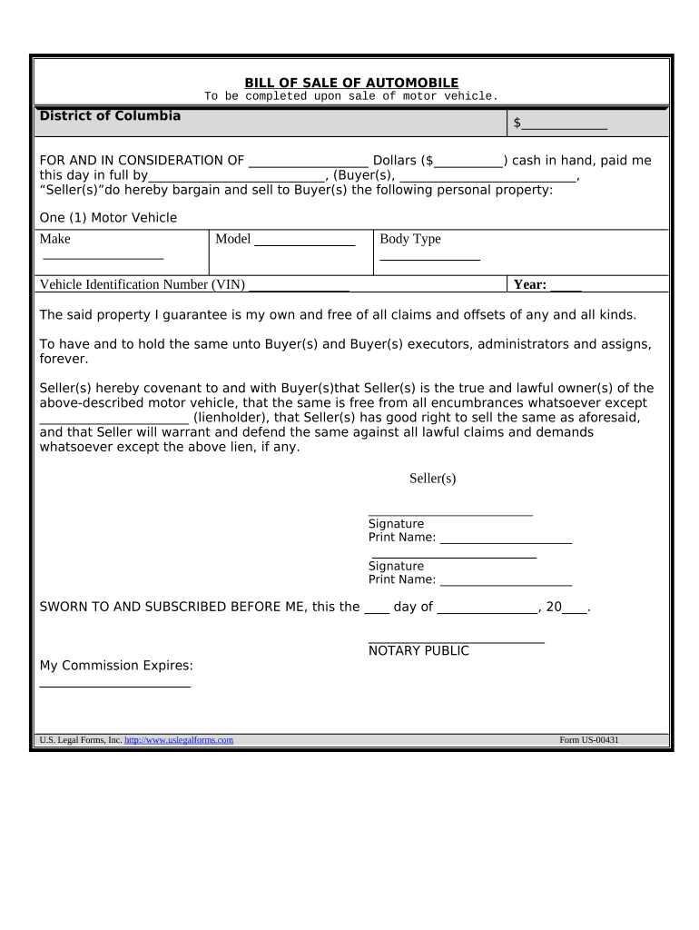 Bill of Sale of Automobile and Odometer Statement District of Columbia  Form