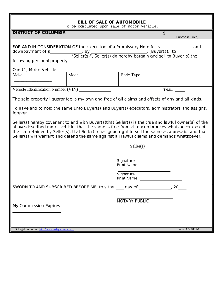 Bill of Sale for Automobile or Vehicle Including Odometer Statement and Promissory Note District of Columbia  Form