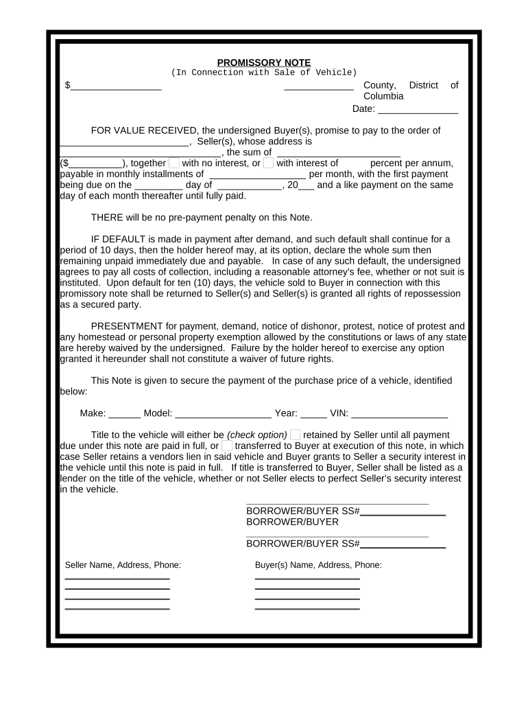 Promissory Note in Connection with Sale of Vehicle or Automobile District of Columbia  Form