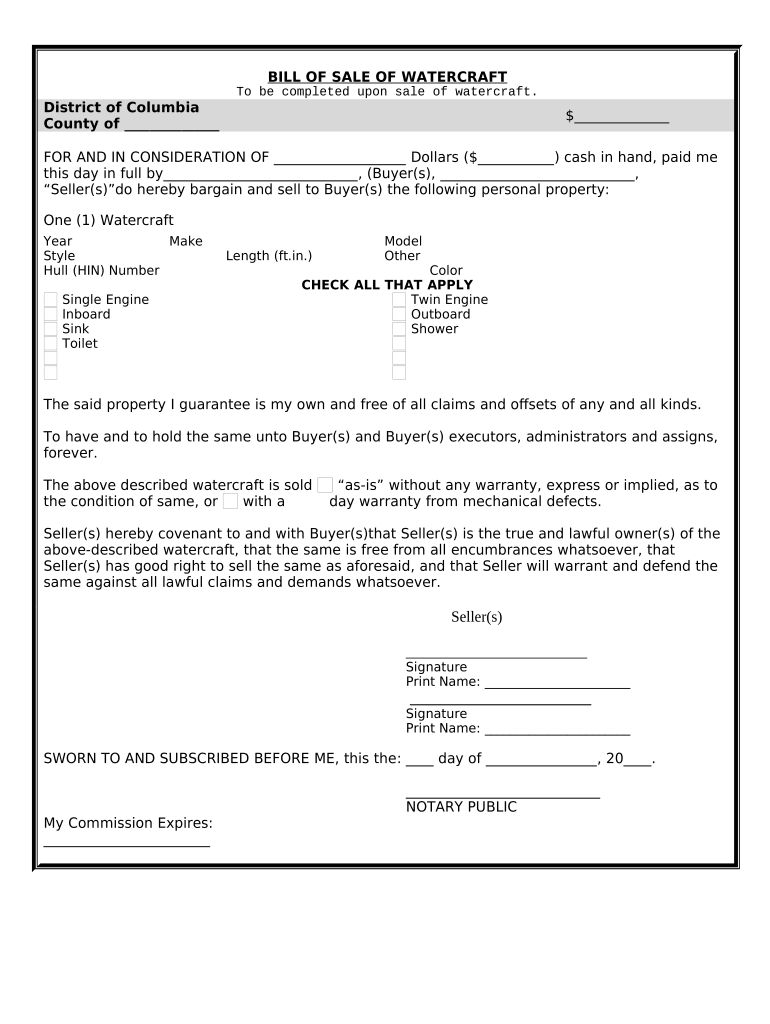 Bill of Sale for WaterCraft or Boat District of Columbia  Form