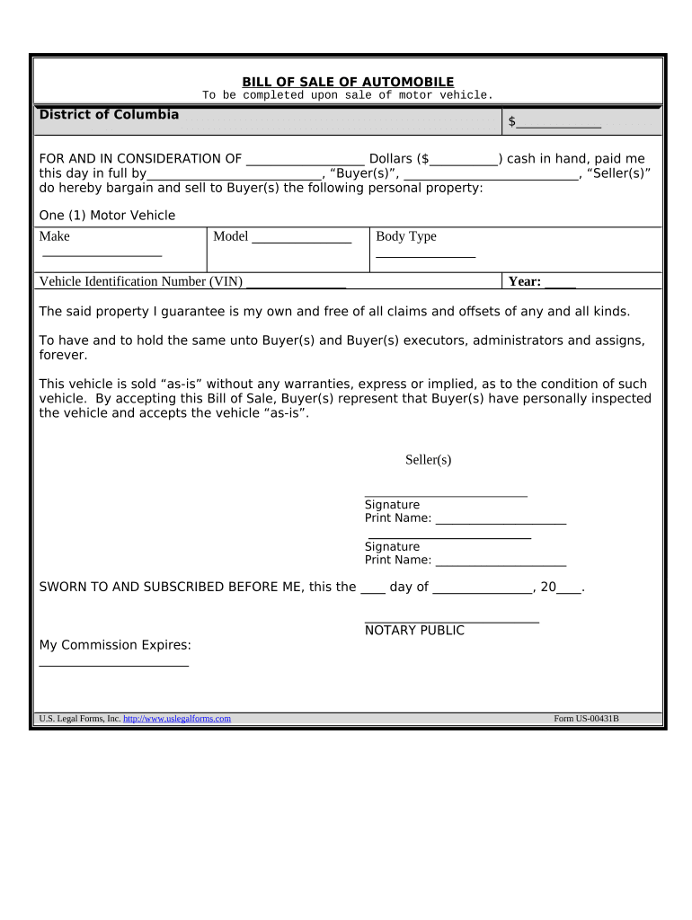 Bill of Sale of Automobile and Odometer Statement for as is Sale District of Columbia  Form