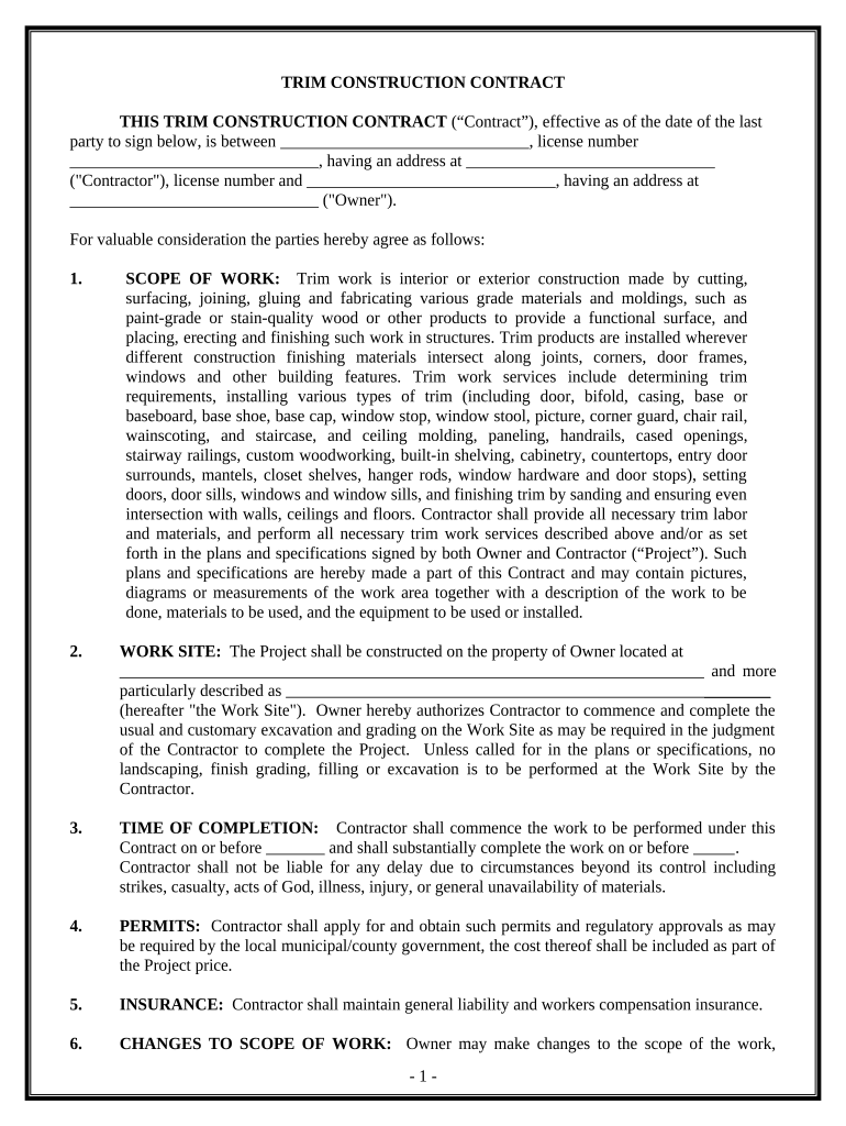 Trim Carpenter Contract for Contractor District of Columbia  Form