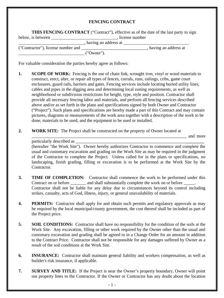 Fencing Contract for Contractor District of Columbia  Form