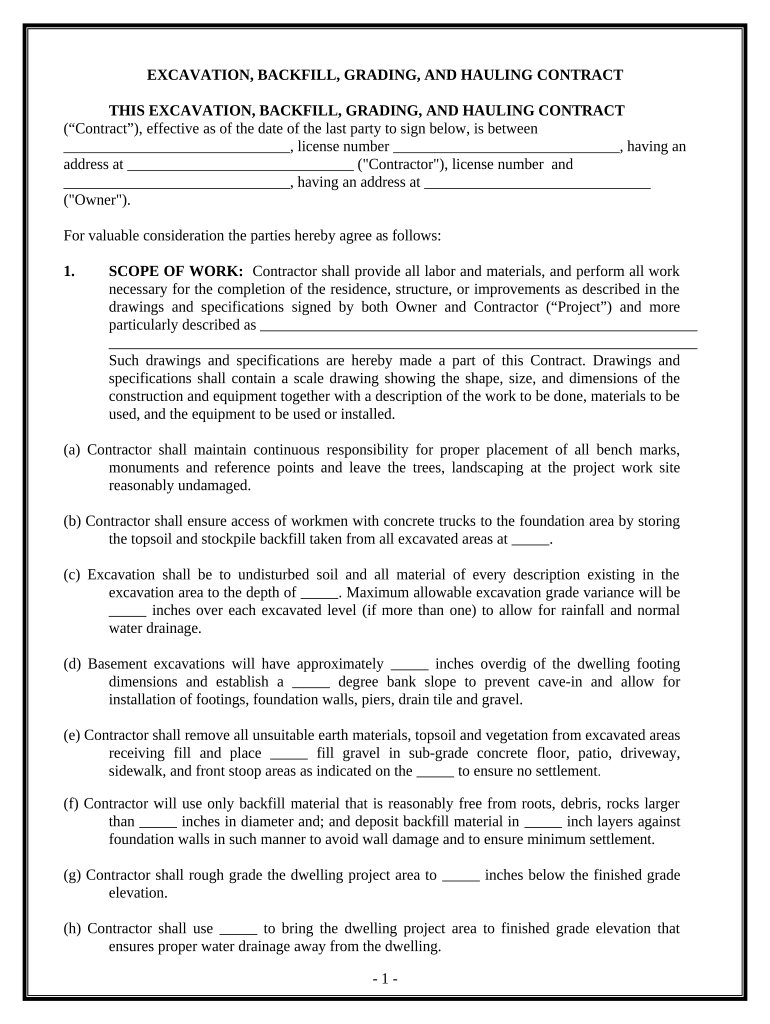 Excavator Contract for Contractor District of Columbia  Form