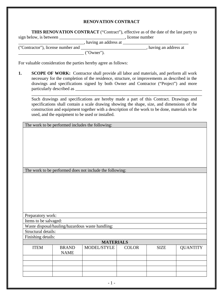 Renovation Contract for Contractor District of Columbia  Form