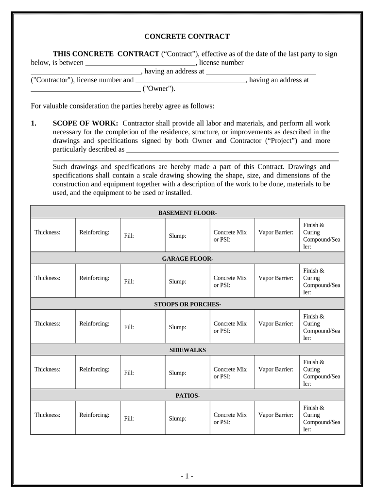 Concrete Mason Contract for Contractor District of Columbia  Form