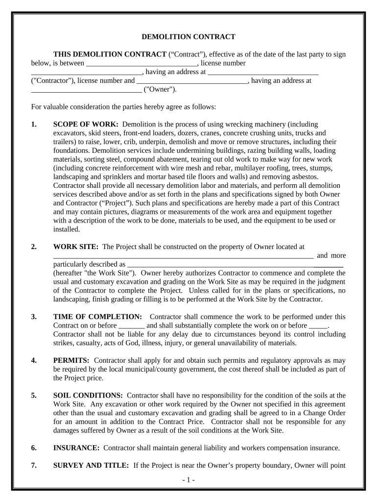 Demolition Contract for Contractor District of Columbia  Form