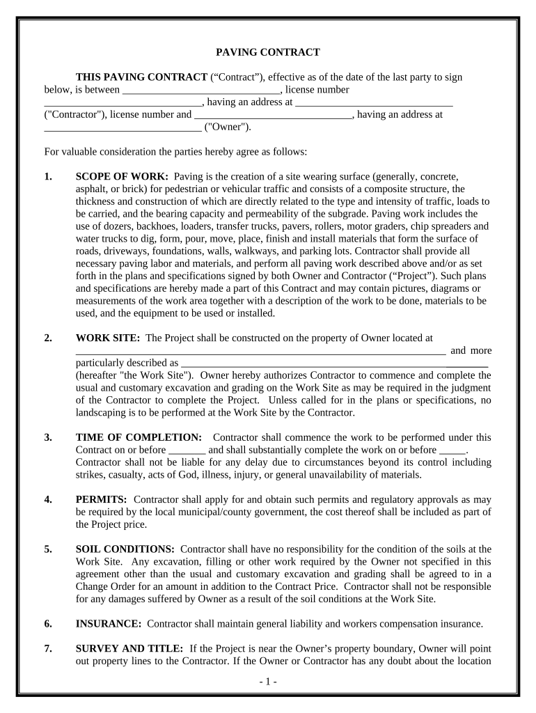 Paving Contract for Contractor District of Columbia  Form