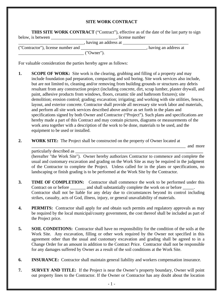 Site Work Contract for Contractor District of Columbia  Form