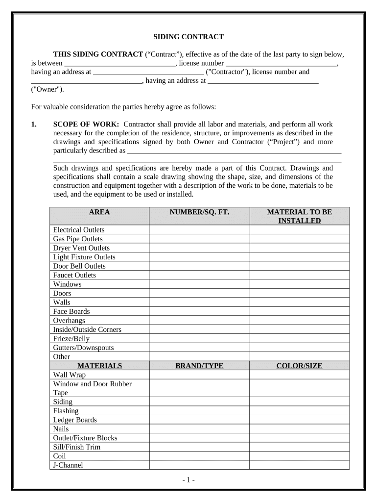 Siding Contract for Contractor District of Columbia  Form