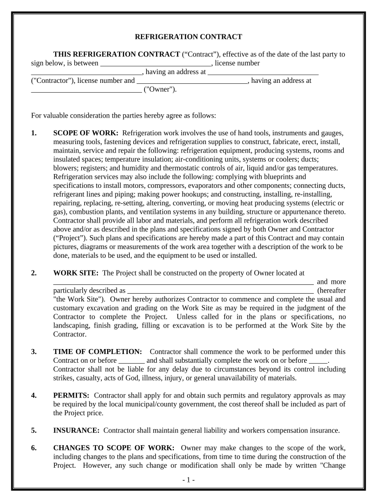 Refrigeration Contract for Contractor District of Columbia  Form