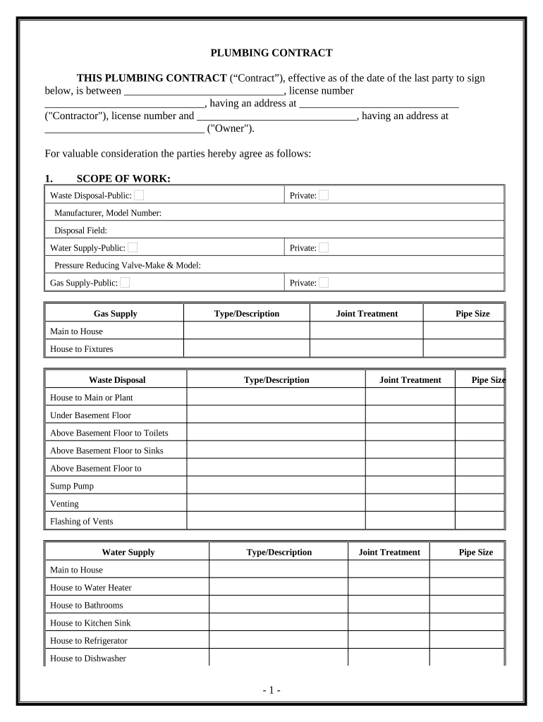 Plumbing Contract for Contractor District of Columbia  Form