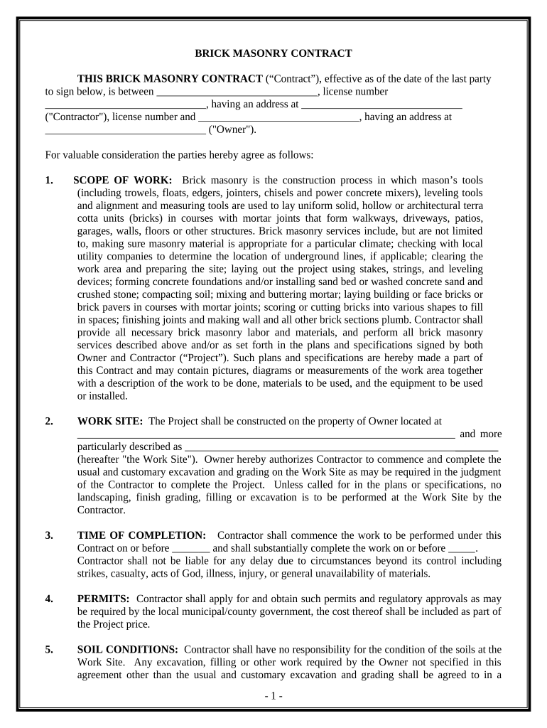 Brick Mason Contract for Contractor District of Columbia  Form