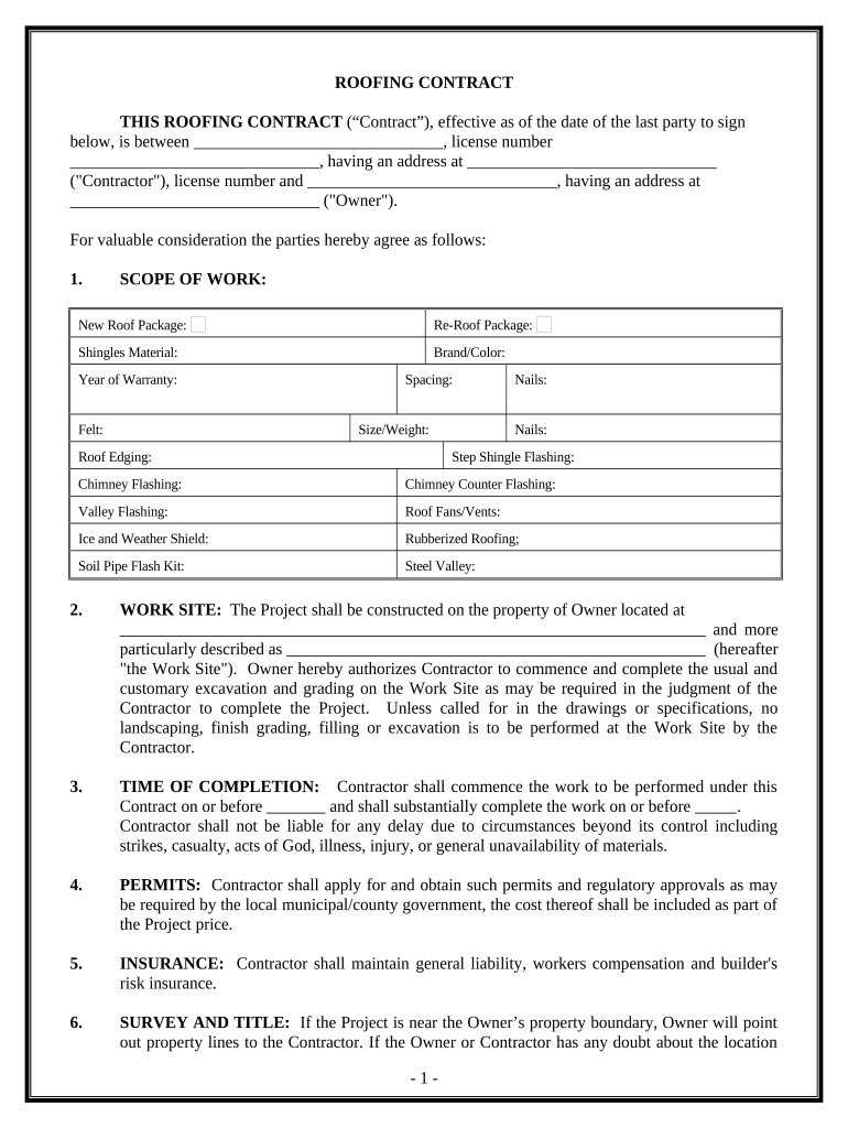 Roofing Contract for Contractor District of Columbia  Form