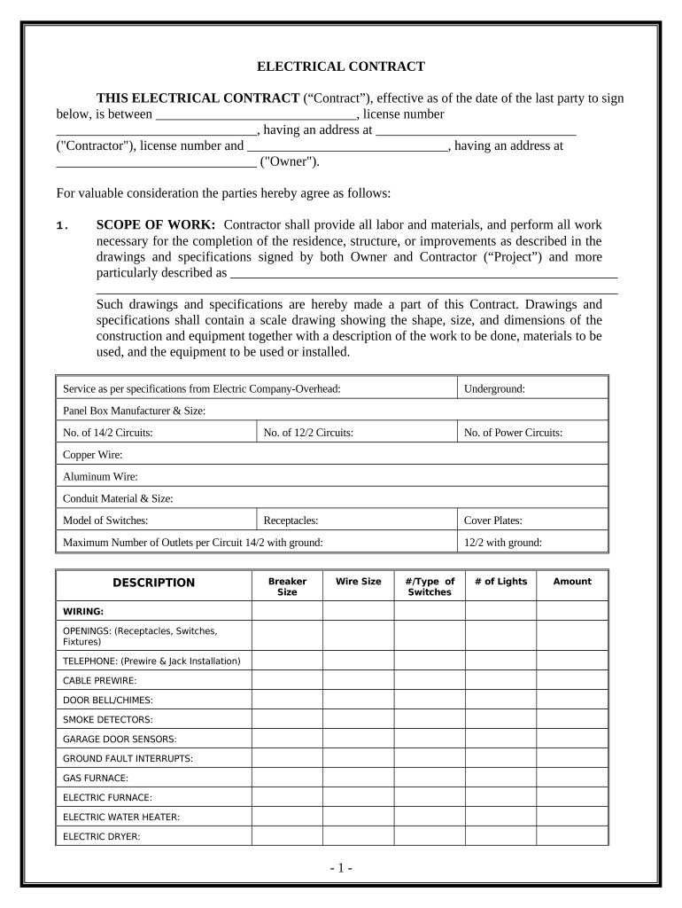 Electrical Contract for Contractor District of Columbia  Form