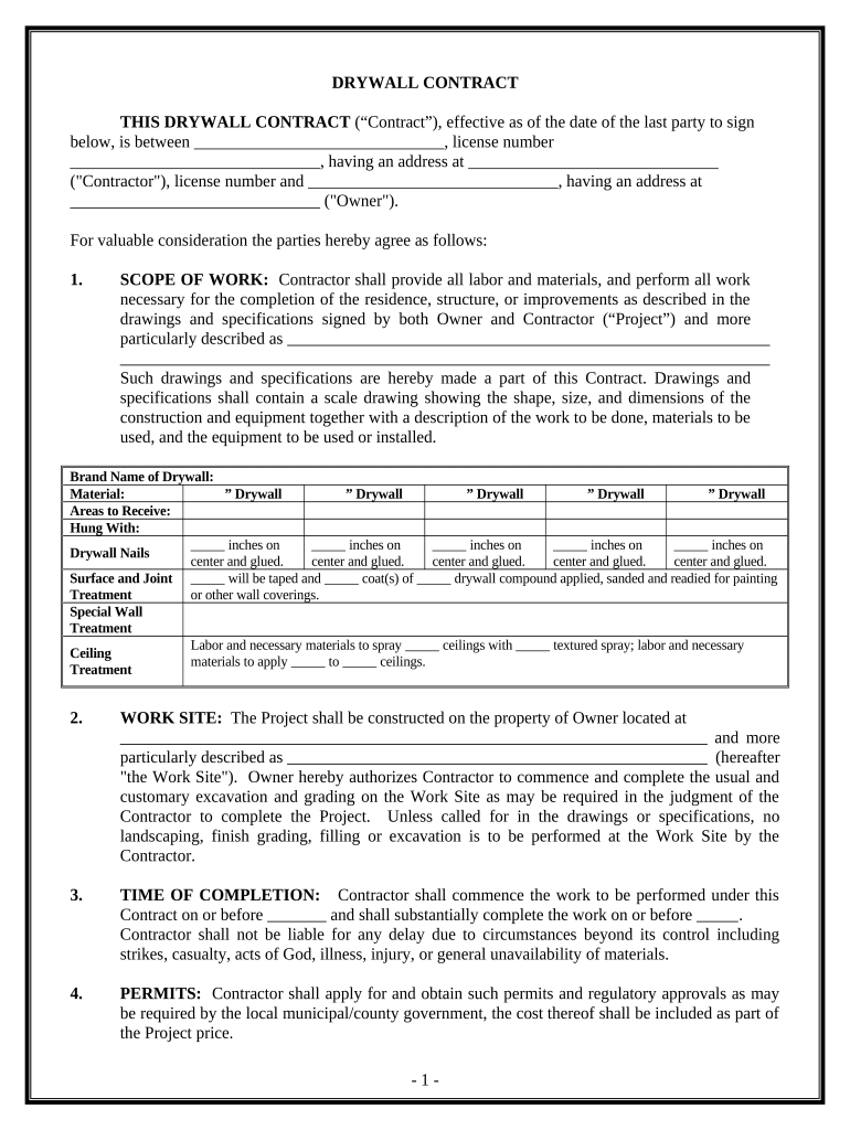 Sheetrock Drywall Contract for Contractor District of Columbia  Form