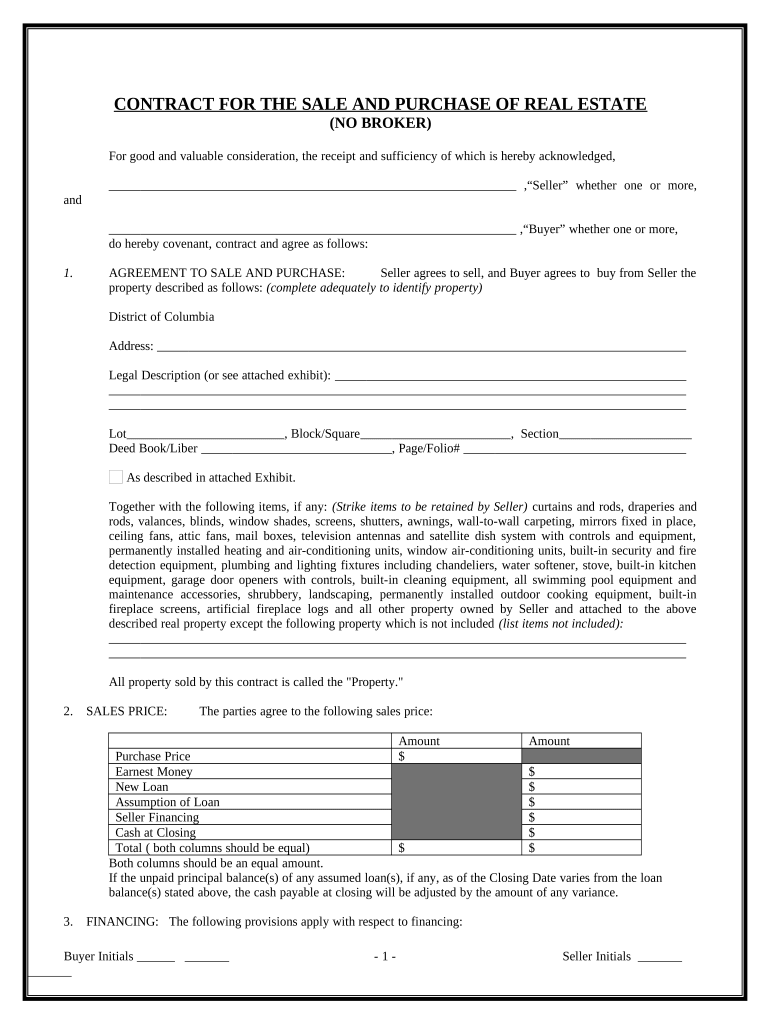 Contract for Sale and Purchase of Real Estate with No Broker for Residential Home Sale Agreement District of Columbia  Form