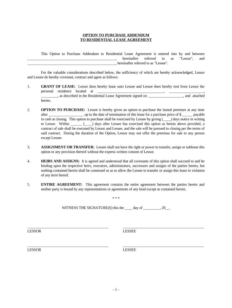 Option to Purchase Addendum to Residential Lease Lease or Rent to Own District of Columbia  Form