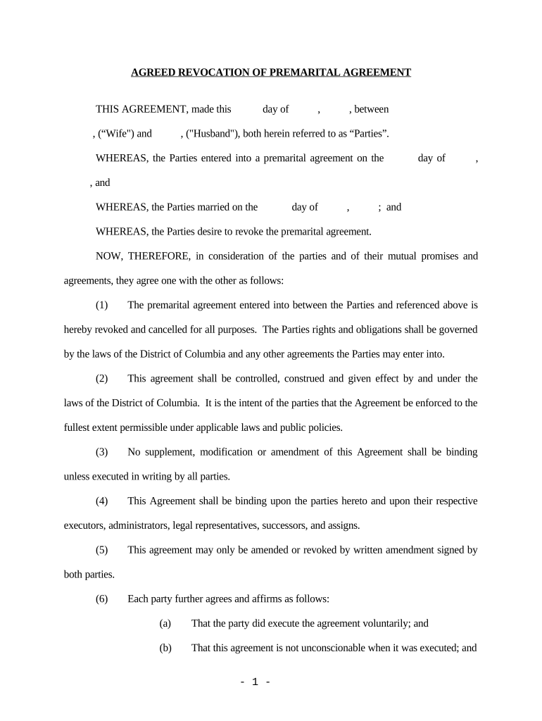 Revocation of Premarital or Prenuptial Agreement District of Columbia  Form