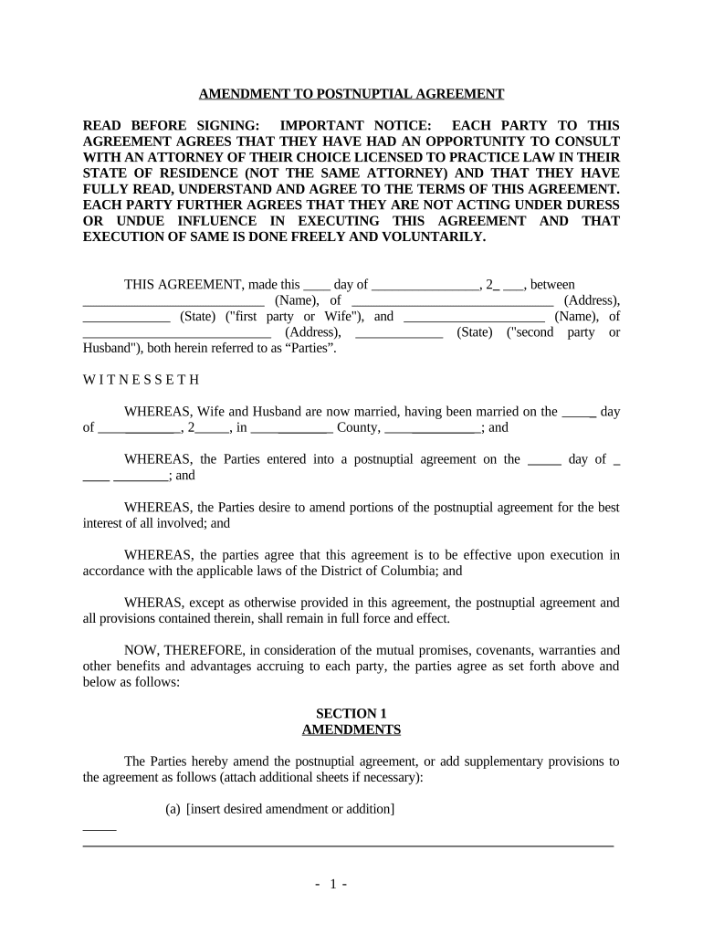 Amendment to Postnuptial Property Agreement District of Columbia District of Columbia  Form
