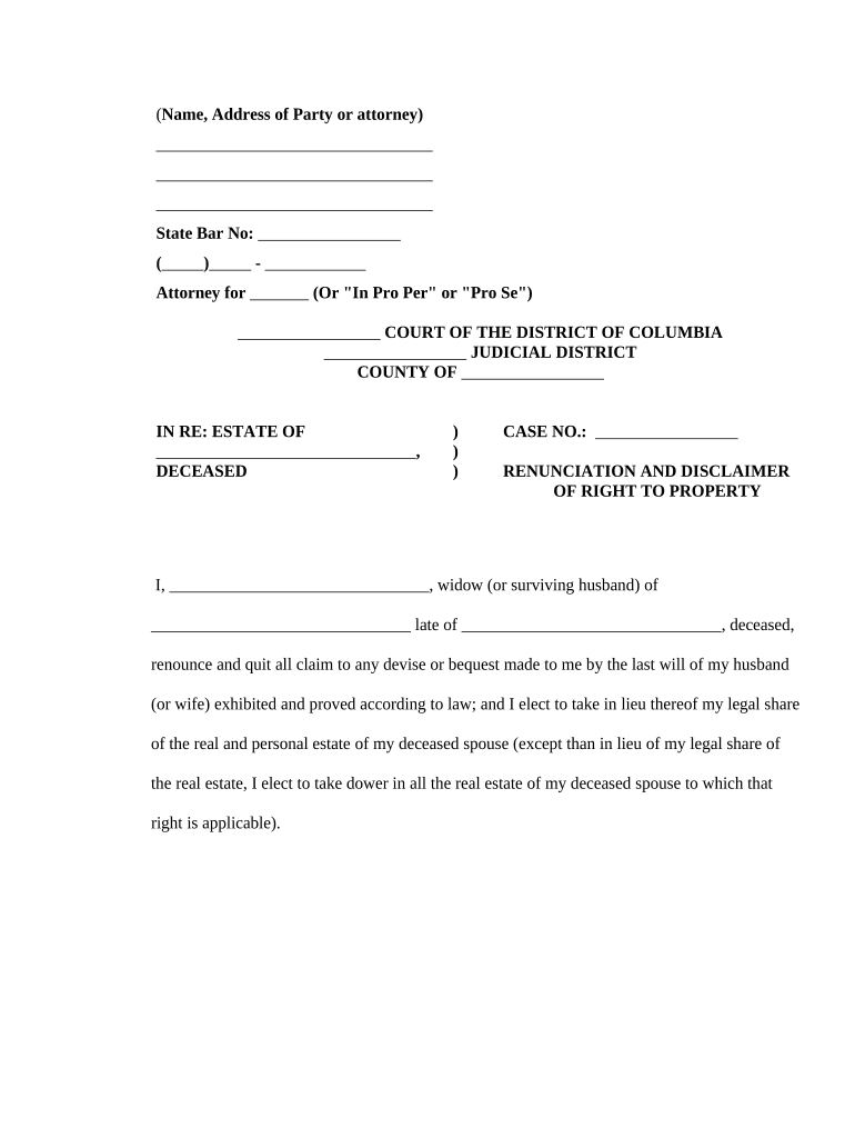 District of Columbia Renunciation and Disclaimer of Property from Will by Testate District of Columbia  Form