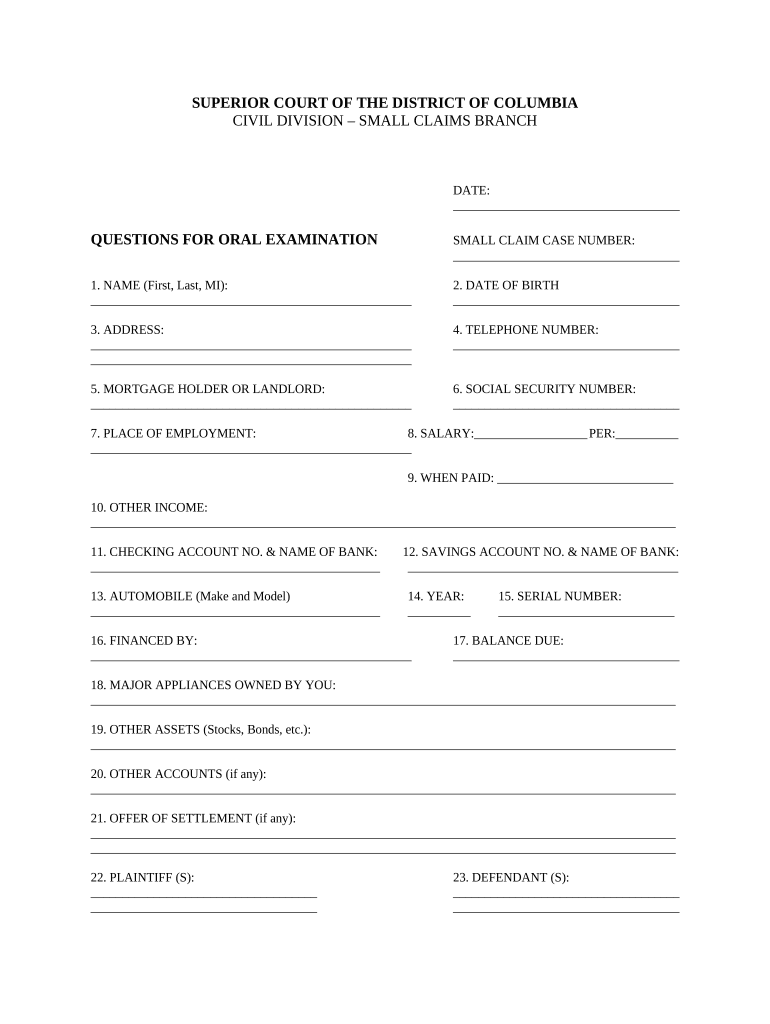 Questions for Oral Examination District of Columbia  Form