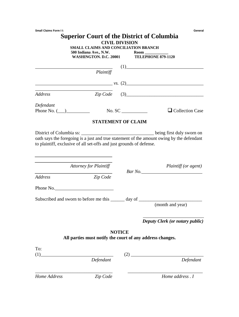 Statement of Claim District of Columbia  Form