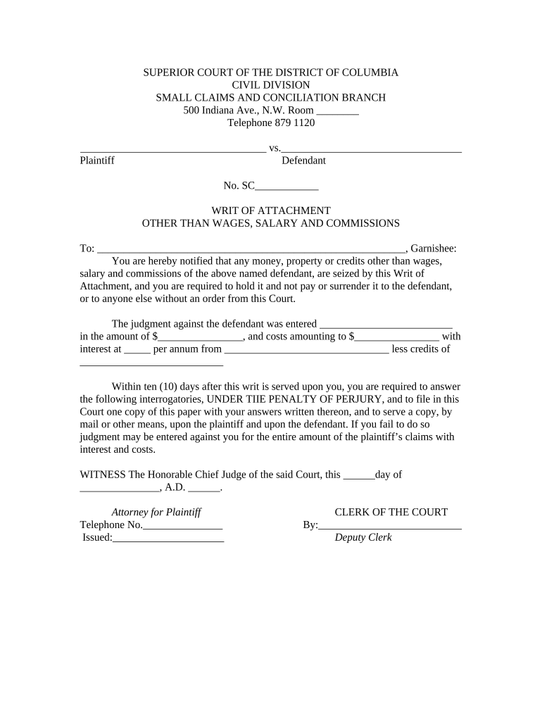 Writ Attachment Sample  Form