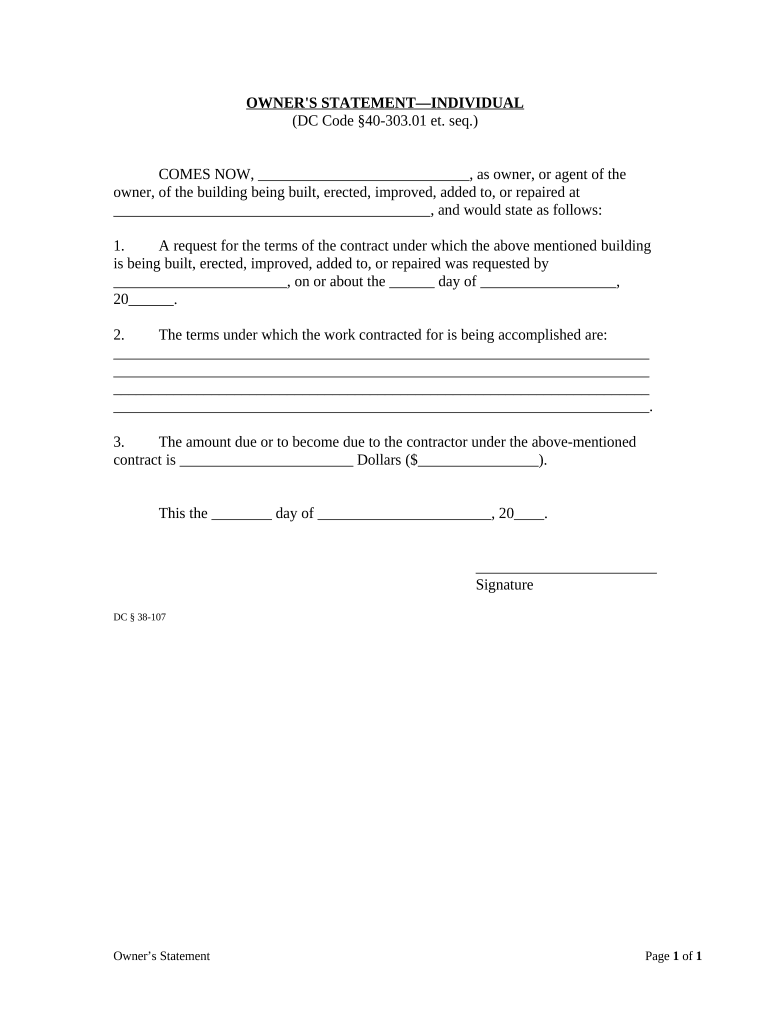 Owner's Statement Individual District of Columbia  Form