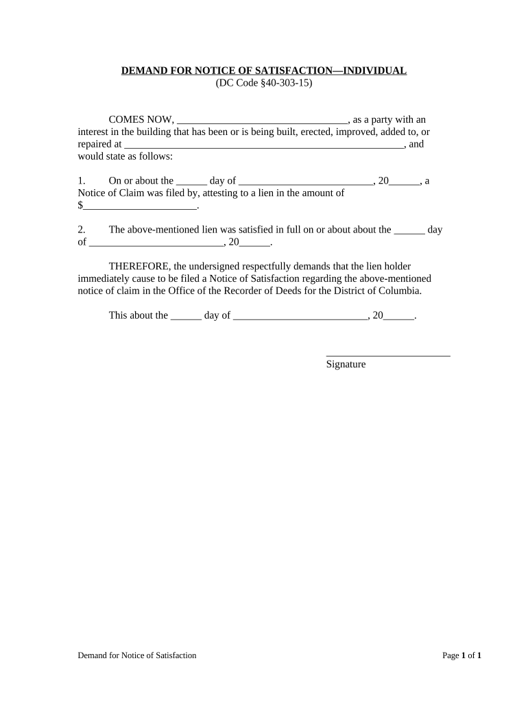 Demand for Notice of Satisfaction Individual District of Columbia  Form