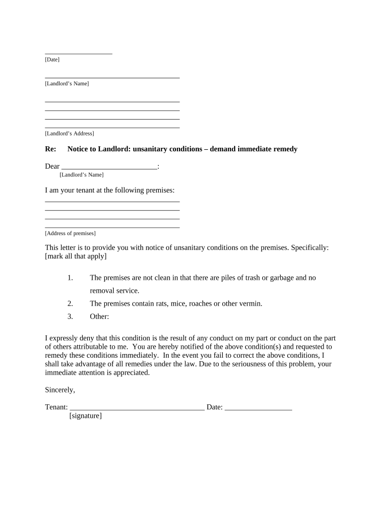 Letter from Tenant to Landlord with Demand that Landlord Remove Garbage and Vermin from Premises District of Columbia  Form