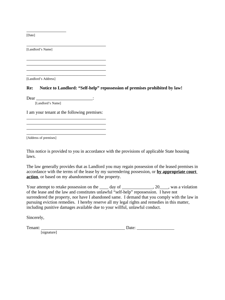 Letter from Tenant to Landlord About Landlord Using Unlawful Self Help to Gain Possession District of Columbia  Form