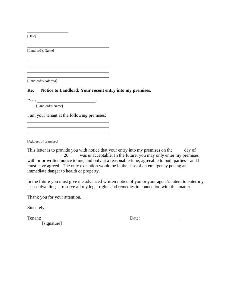 Letter from Tenant to Landlord About Illegal Entry by Landlord District of Columbia  Form