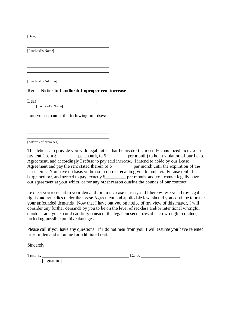 Letter from Tenant to Landlord Containing Notice to Landlord to Withdraw Improper Rent Increase during Lease District of Columbi  Form