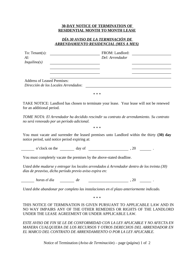 30 Day Notice to Terminate Month to Month Lease Residential from Landlord to Tenant District of Columbia  Form