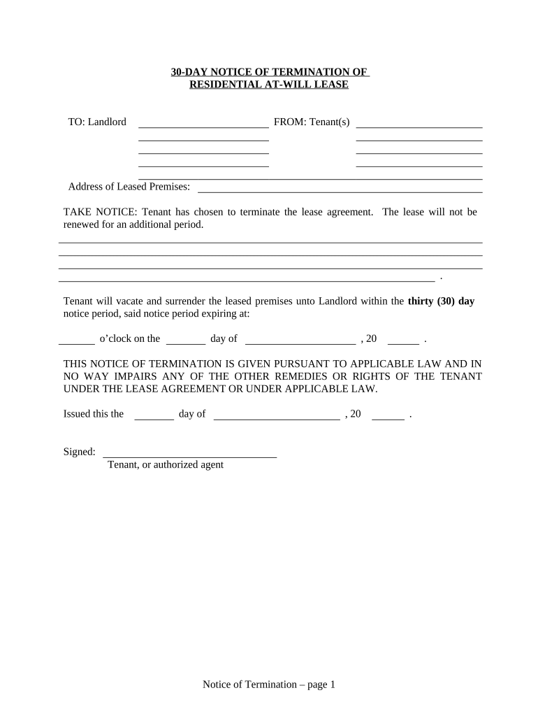 30 Day Notice to Terminate Tenancy at Will for Residential from Tenant to Landlord District of Columbia  Form