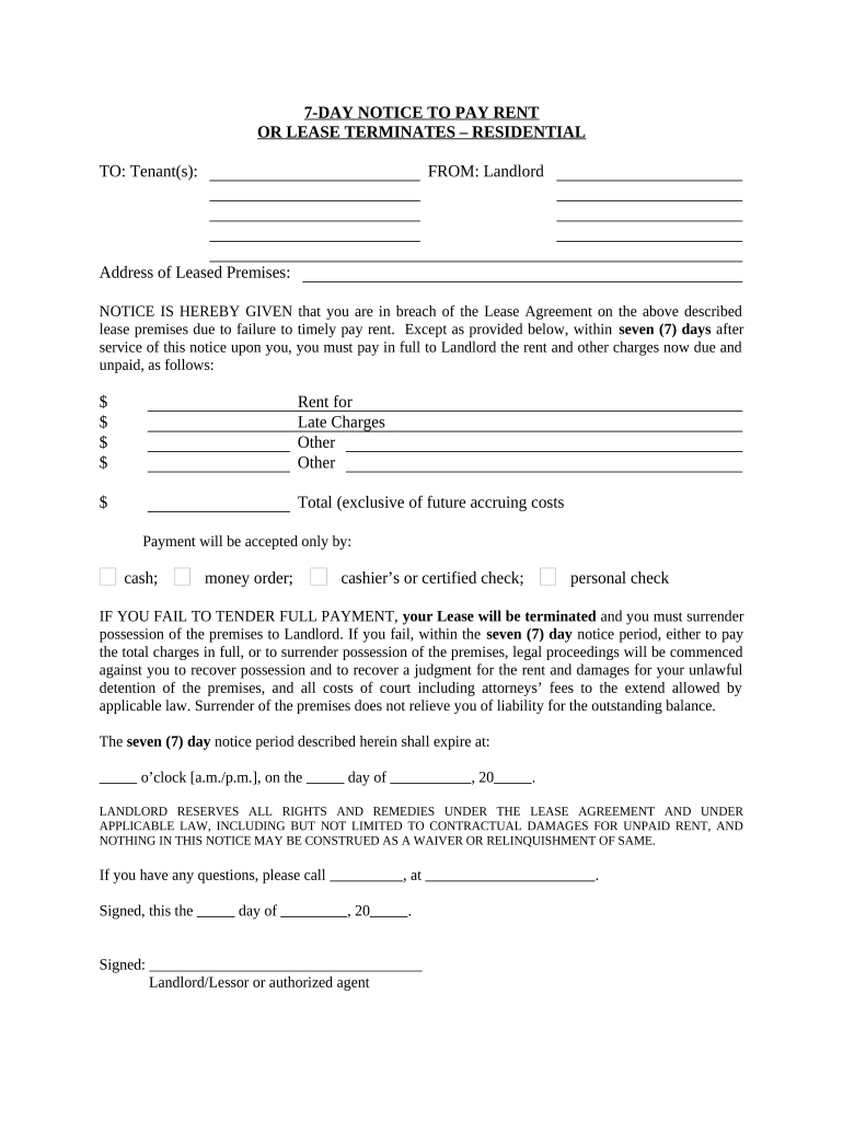 7 Day Notice to Pay Rent or Lease Terminates for Residential Property District of Columbia  Form