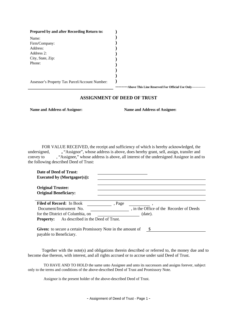 Assignment of Deed of Trust by Individual Mortgage Holder District of Columbia  Form