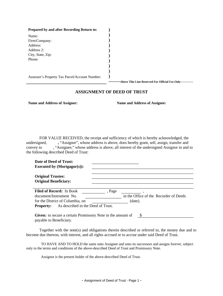 Assignment of Deed of Trust by Corporate Mortgage Holder District of Columbia  Form