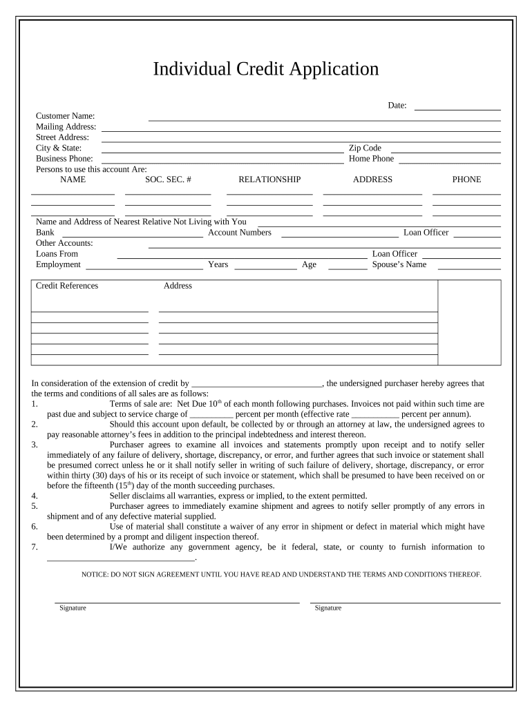 Individual Credit Application District of Columbia  Form