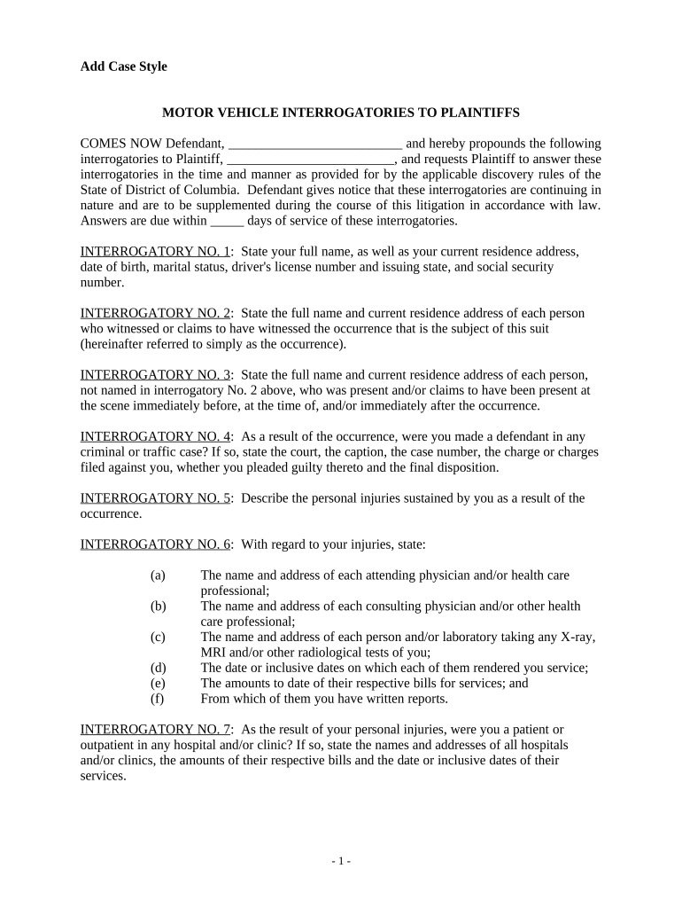 Interrogatories to Plaintiff for Motor Vehicle Occurrence District of Columbia  Form