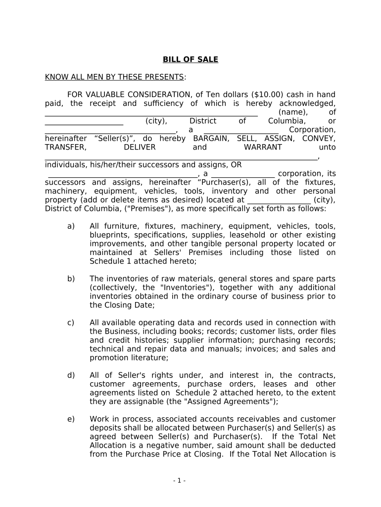 Bill of Sale in Connection with Sale of Business by Individual or Corporate Seller District of Columbia  Form