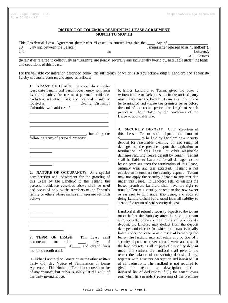 Residential Lease or Rental Agreement for Month to Month District of Columbia  Form