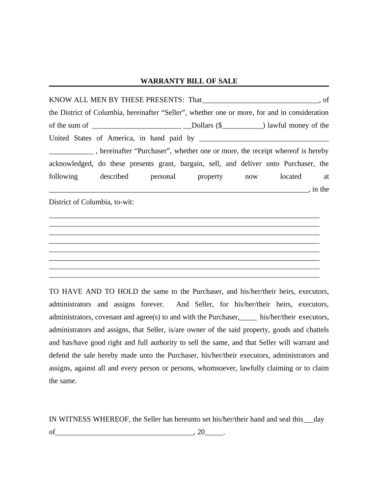 Bill of Sale with Warranty by Individual Seller District of Columbia  Form