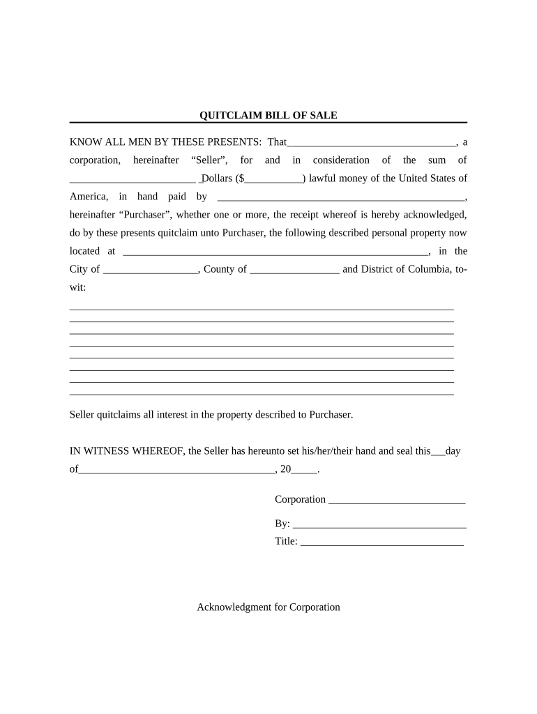 Bill of Sale Without Warranty by Corporate Seller District of Columbia  Form