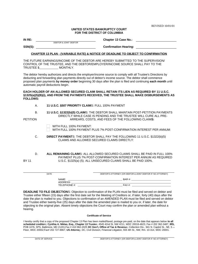 Chapter 13 Plan 100 Percent and Notice of Deadline to Object District of Columbia  Form