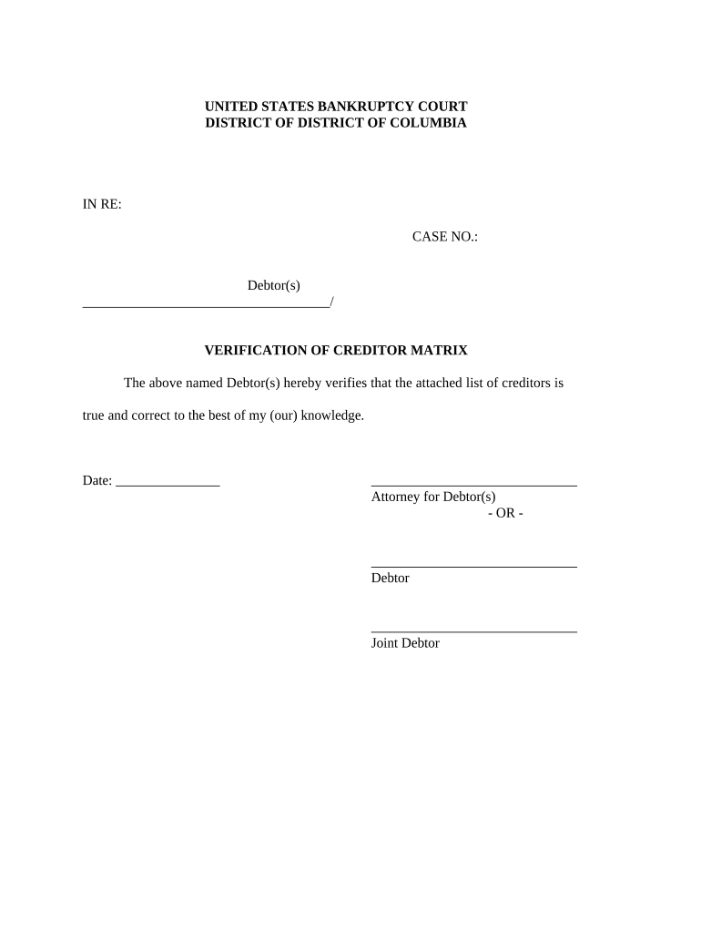Verification of Creditors Matrix District of Columbia  Form